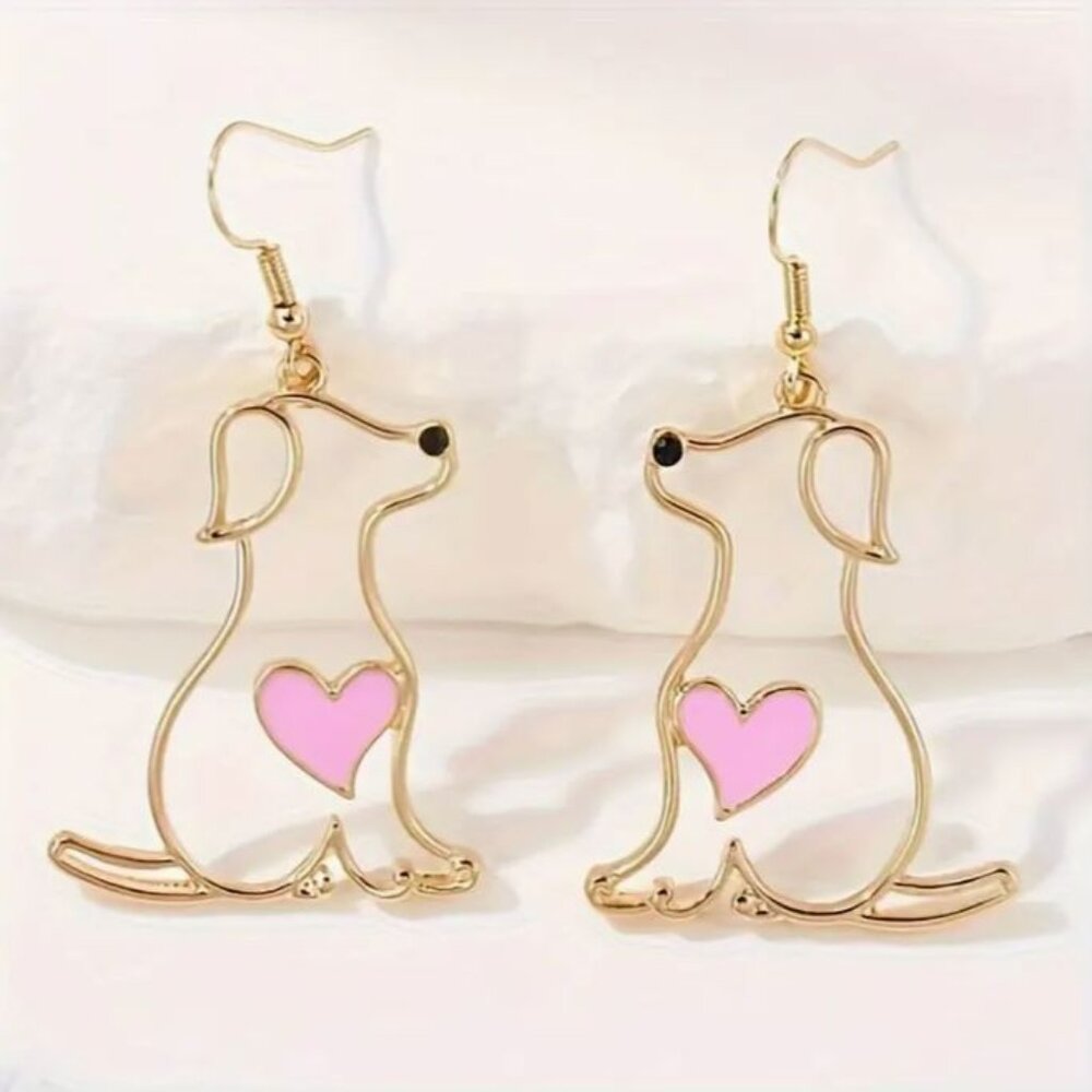 NEW Pink and Gold Puppy Love Silhouette Drop Dangle Dog Earrings